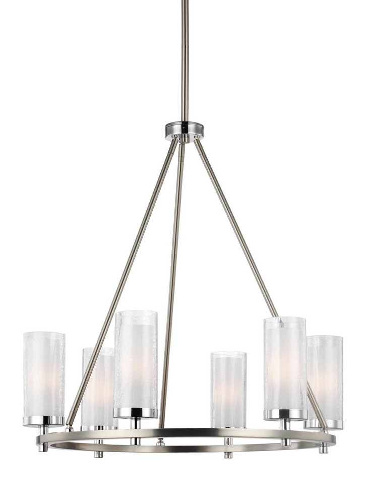Feiss-F2985/6SN/CH-Jonah - Chandelier 6 Light Steel in Period Uptown Style - 25.38 Inches Wide by 26.38 Inches High   Satin Nickel/Chrome Finish with White Opal Etched Glass