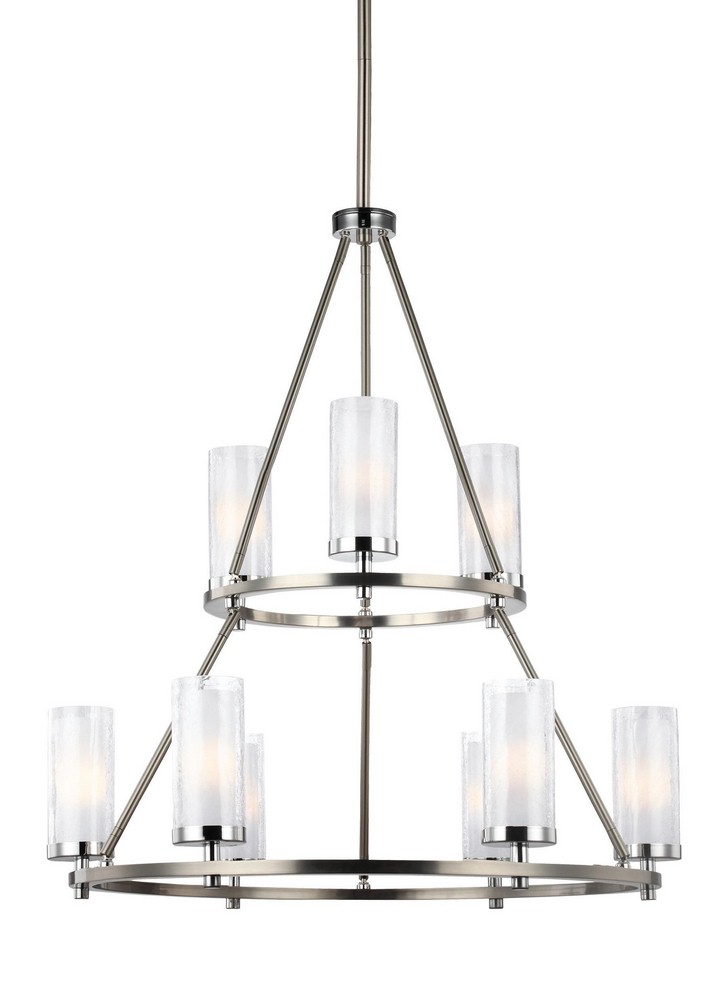 Feiss-F2987/9SN/CH-Jonah - 2-Tier Chandelier 9 Light Steel in Period Uptown Style - 30 Inches Wide by 33.5 Inches High   Satin Nickel/Chrome Finish with White Opal Etched Glass