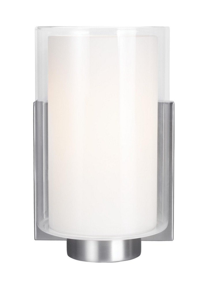 Feiss-VS22601SN-Bergin - One Light Wall Sconce in Transitional Style - 5 Inches Wide by 7.63 Inches High   Satin Nickel Finish with White Opal Etched Glass