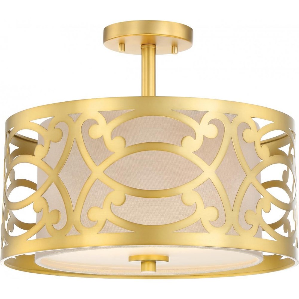 Nuvo Lighting-60/5967-Filigree-Two Light Semi-Flush Mount-15 Inches Wide by 12.5 Inches High   Natural Brass Finish with Beige Linen Fabric Shade