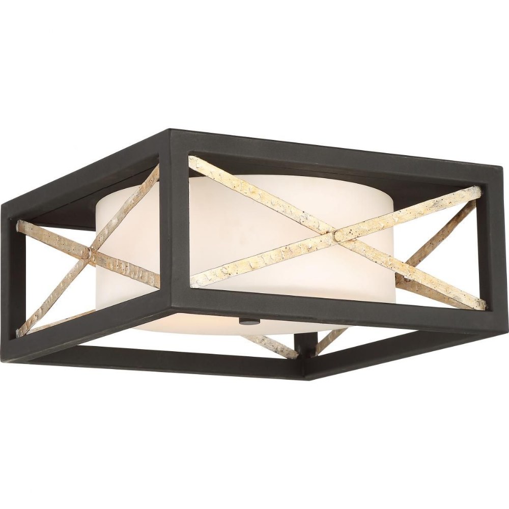 Nuvo Lighting-60/6132-Boxer-Two Light Flush Mount-14 Inches Wide by 6.25 Inches High   Matte Black/Antique Silver Finish with Satin White Glass