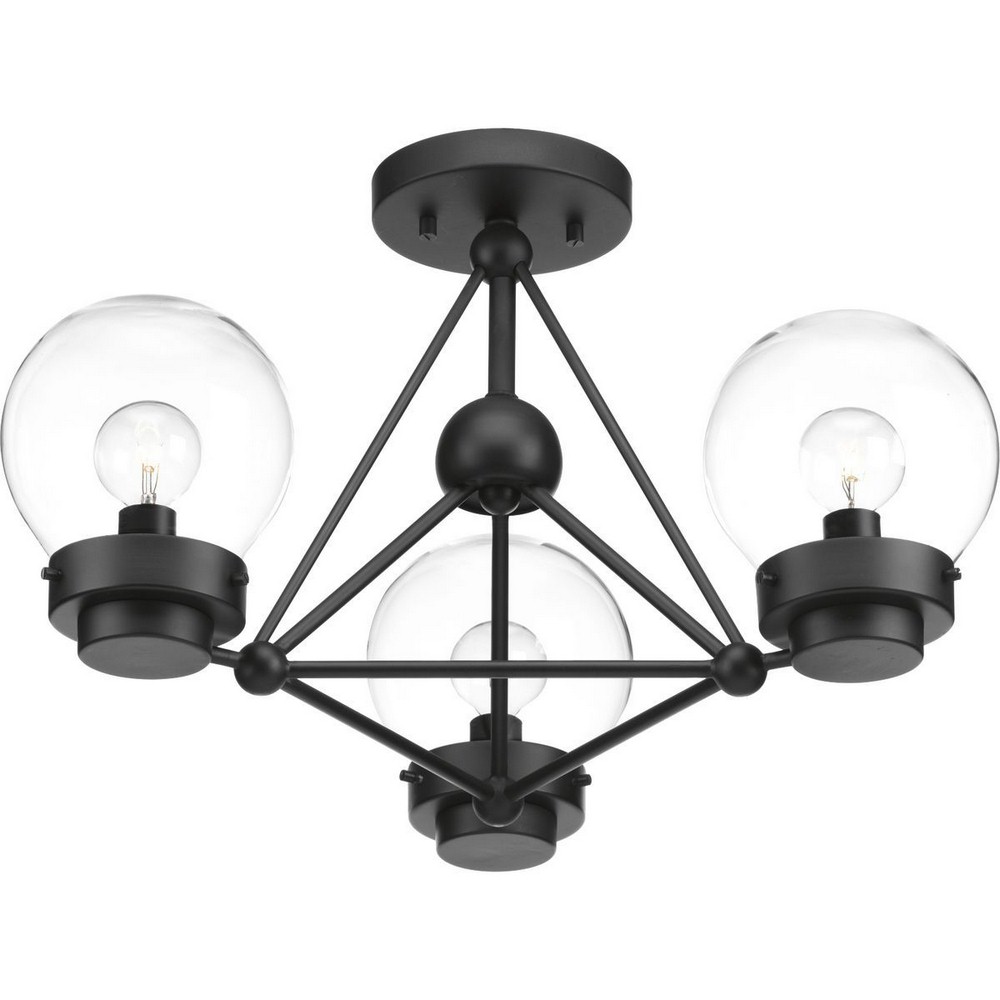 Progress Lighting-P400077-031-Spatial - Close-to-Ceiling Light - 3 Light - Globe Shade in Bohemian and Modern style - 19.63 Inches wide by 14 Inches high   Black Finish with Clear Glass