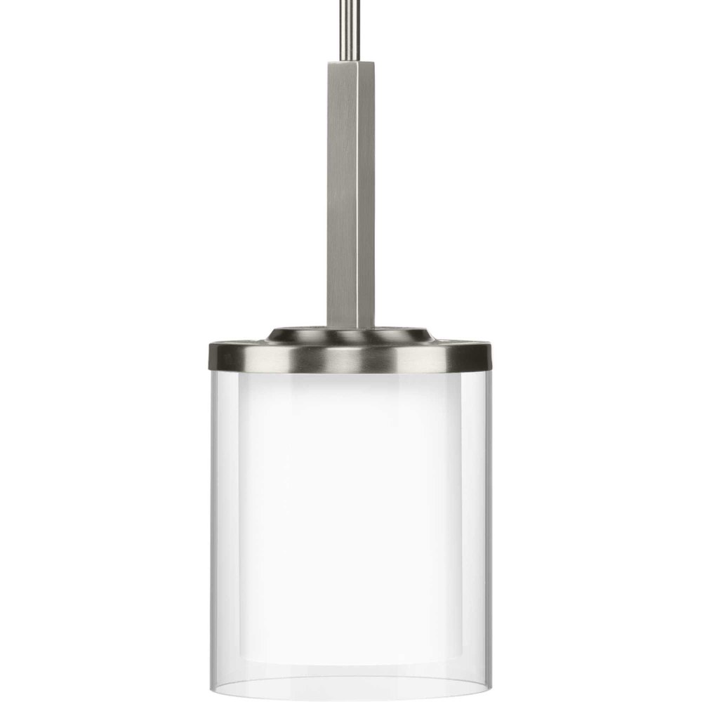 Progress Lighting-P500192-009-Mast - Pendants Light - 1 Light - Cylinder Shade in Coastal style - 6.25 Inches wide by 14 Inches high Brushed Nickel  Brushed Nickel Finish with Clear/Etched White Glass