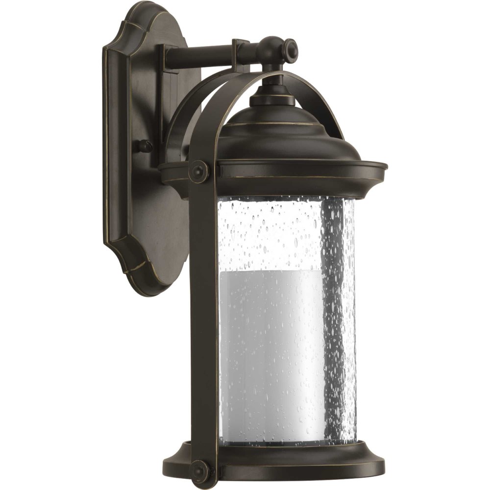 Progress Lighting-P560068-020-30-Whitacre LED - 14.375 Inch Height - Outdoor Light - 1 Light - Globe Shade - Line Voltage - Wet Rated   Antique Bronze Finish with Clear Seeded/Etched Ivory Glass