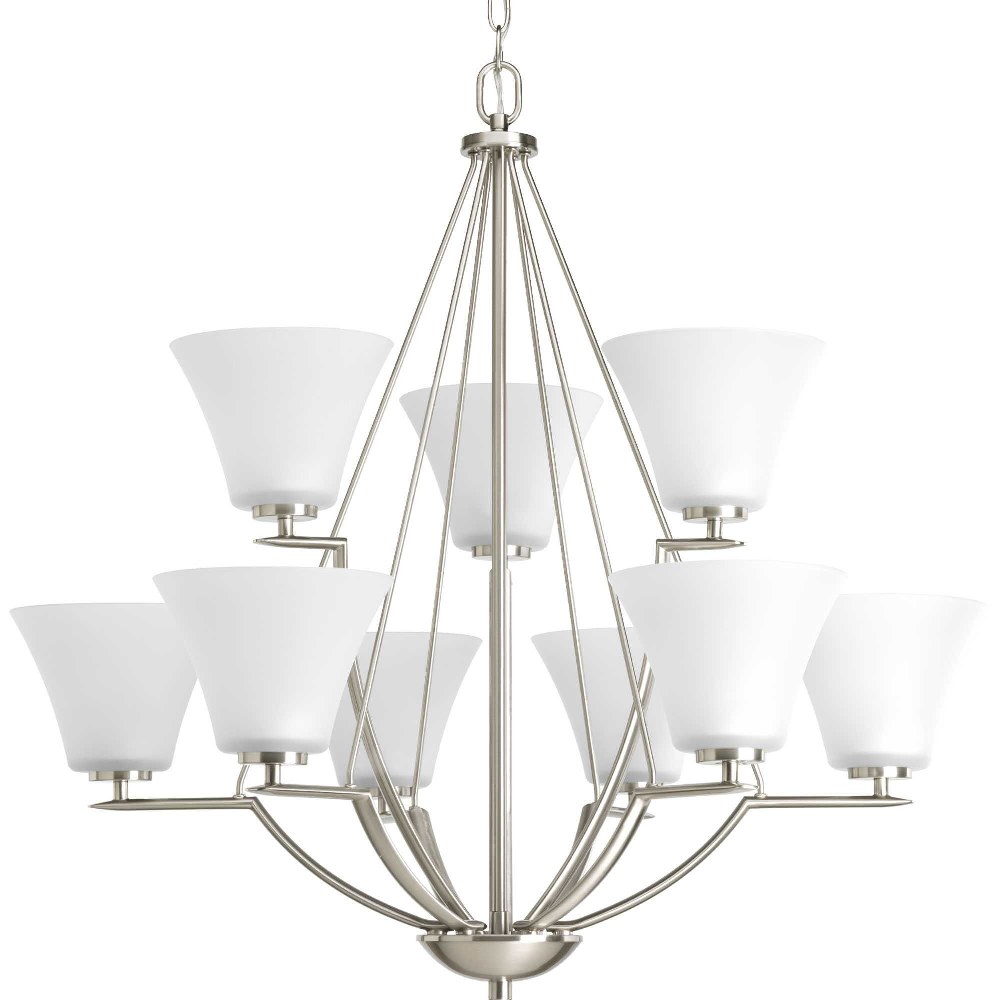 Progress Lighting-P4625-09-Bravo - Chandeliers Light - 9 Light in Modern style - 32 Inches wide by 31 Inches high Brushed Nickel  Brushed Nickel Finish with White Etched Glass