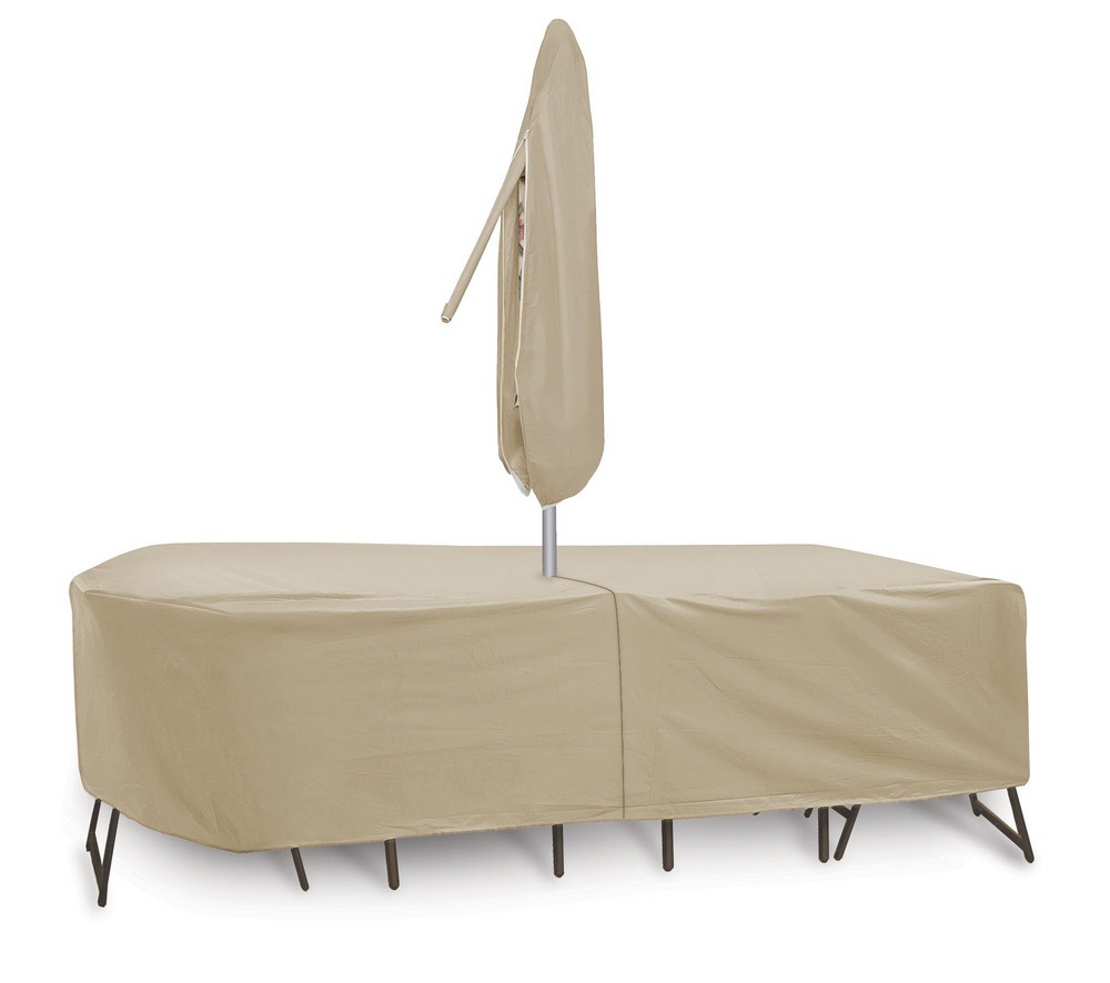 Protective Covers-1157-TN-108x60 Inch Oval/Rectangular Table and Chair Cover with Umbrella Hole   Tan Finish
