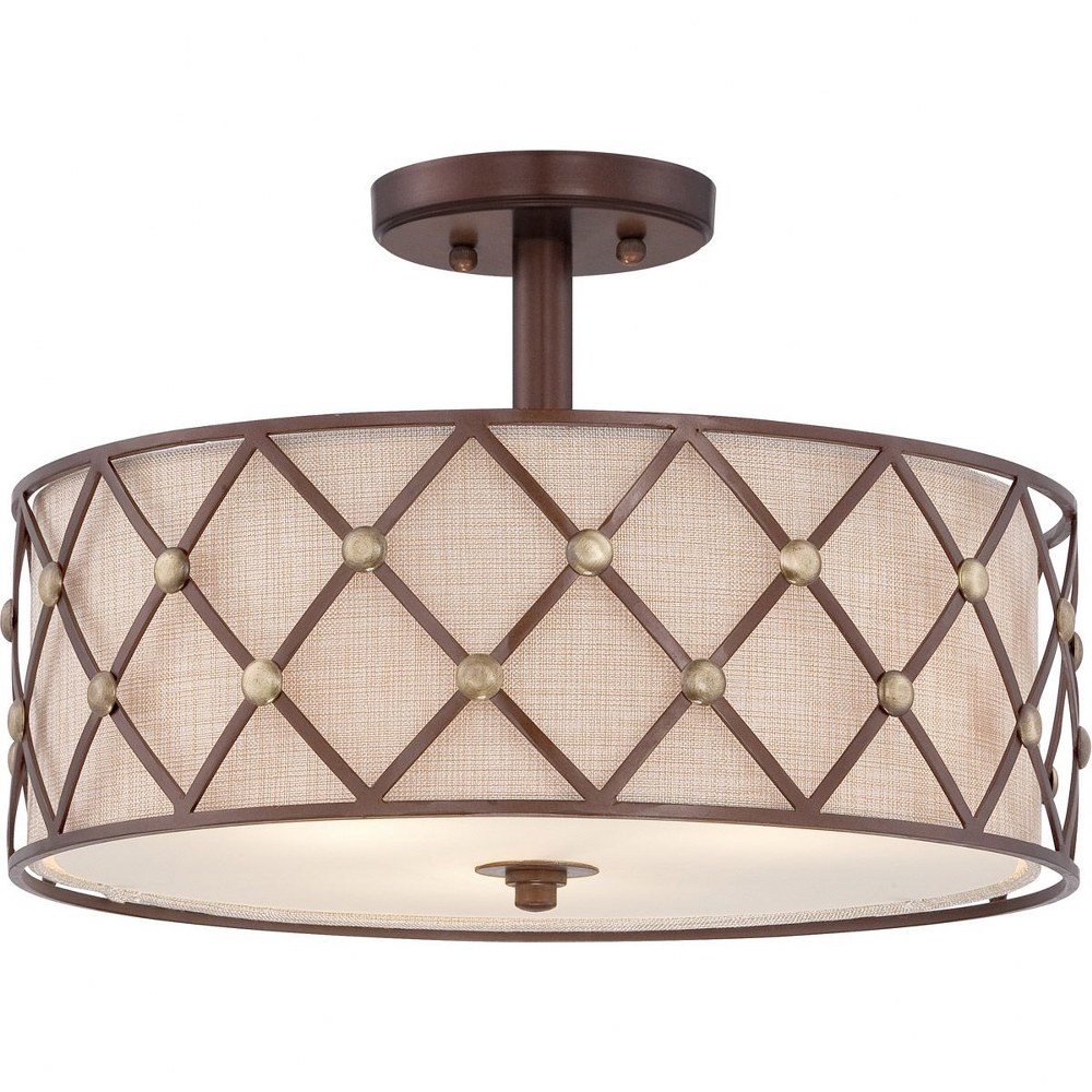 Quoizel Lighting-BWL1717CC-Brown Lattice - 3 Light Semi-Flush Mount - 11 Inches high   Copper Canyon Finish with Tan Fabric Shade