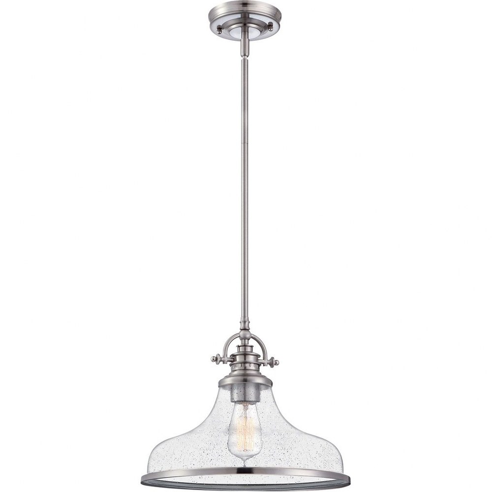 Quoizel Lighting-GRTS2814BN-Grant - 1 Light Pendant Brushed Nickel  Palladian Bronze Finish with Clear Seedy Glass