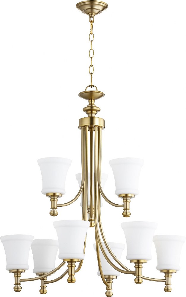 Quorum Lighting-6122-9-180-Rossington - 9 Light 2-Tier Chandelier in Quorum Home Collection style - 31 inches wide by 23 inches high   Aged Brass Finish with Satin Opal Glass