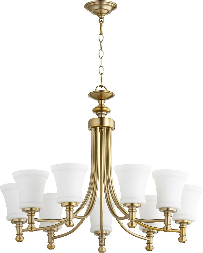 Quorum Lighting-6122-9-80-Rossington - 9 Light 2-Tier Chandelier in Quorum Home Collection style - 31 inches wide by 23 inches high   Aged Brass Finish with Satin Opal Glass