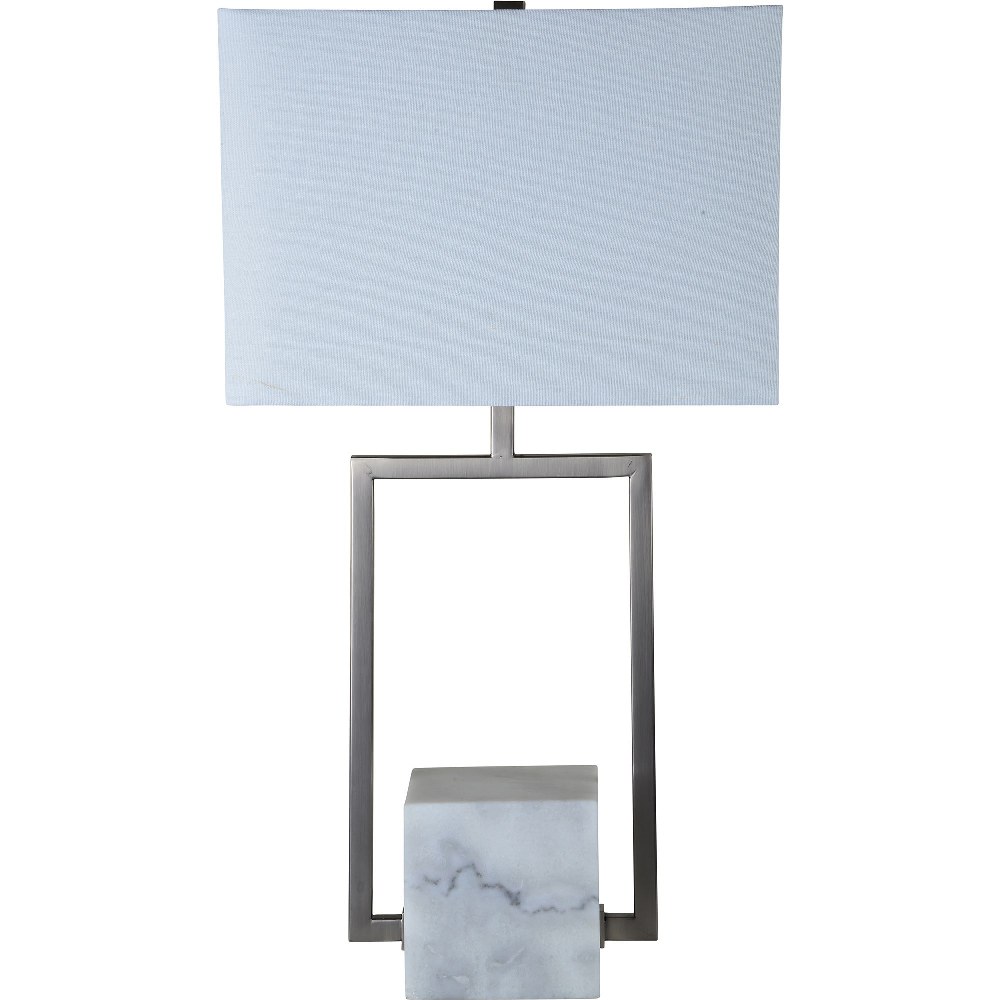 Renwil Inc-LPT1049-Bucannan - One Light Table Lamp   Black Satin Nickel/White Marble Finish with Off-White Linen Shade