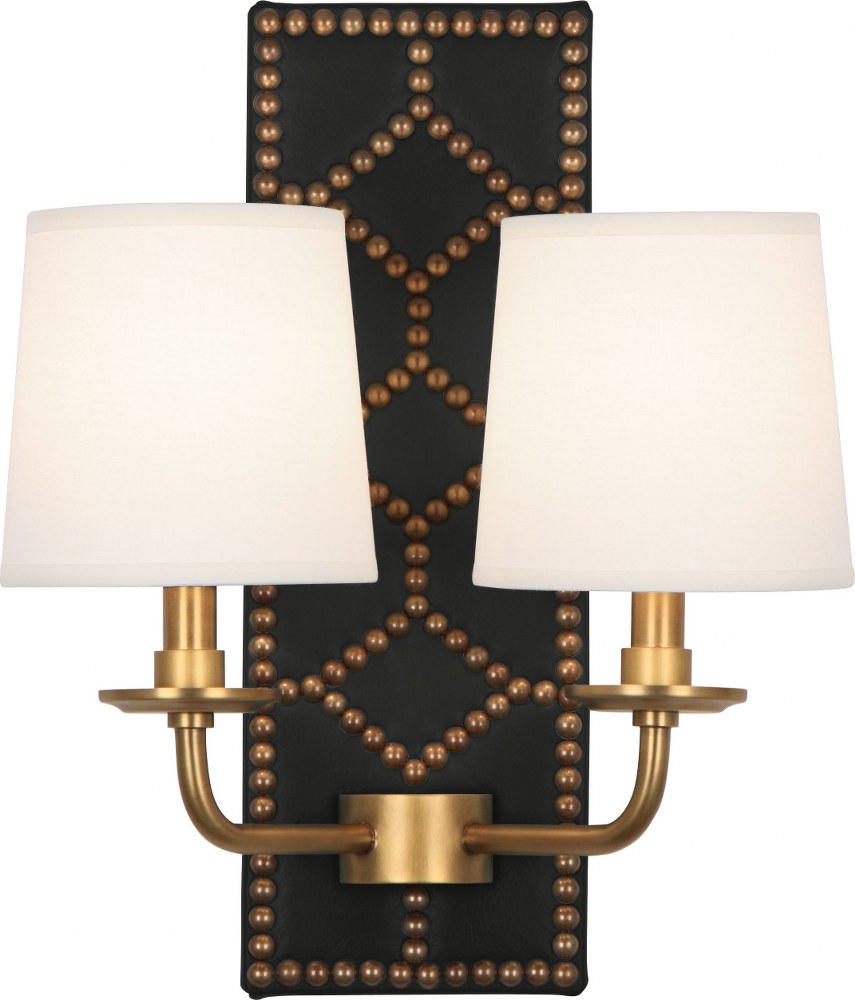 Robert Abbey Lighting-1035-Williamsburg Lightfoot 2-Light Wall Sconce 13.5 Inches Wide and 16.5 Inches Tall Blacksmith Black Leather Aged Brass English Ochre Leather