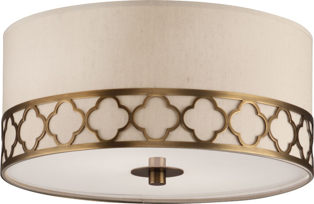 Robert Abbey Lighting-1575-Addison 2-Light Flushmount 17.625 Inches Wide and 9.75 Inches Tall Weathered Brass  Patina Nickel Finish with White Acrylic Glass with Pearl Dupoini Fabric Shade