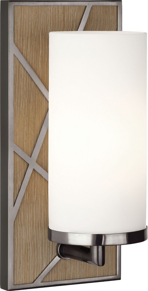 Robert Abbey Lighting-553W-Michael Berman Bond-One Light Wall Sconce-5.5 Inches Wide by 12 Inches High   Driftwood Oak Wood/Blackened Nickel Finish with Frosted Cased White Glass