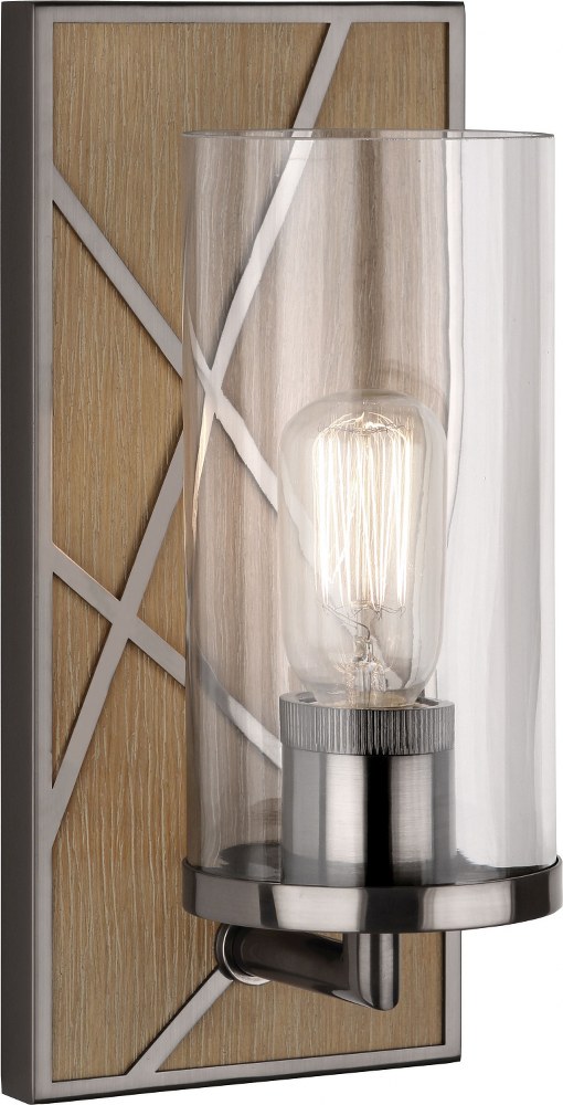 Robert Abbey Lighting-553-Michael Berman Bond-One Light Wall Sconce-5.5 Inches Wide by 12 Inches High   Driftwood Oak Wood/Blackened Nickel Finish with Clear Glass