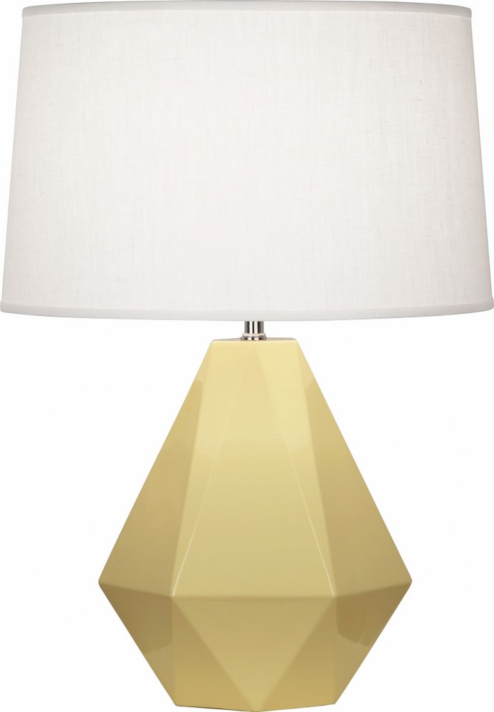 Robert Abbey Lighting-940-Delta 1-Light Table Lamp 10.25 Inches Wide and 22.5 Inches Tall Butter  Brown Tea Glazed/Polished Nickel Finish with Oyster Linen Shade