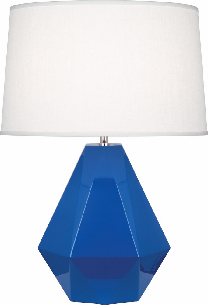 Robert Abbey Lighting-946-Delta 1-Light Table Lamp 10.25 Inches Wide and 22.5 Inches Tall Marine Blue  Brown Tea Glazed/Polished Nickel Finish with Oyster Linen Shade