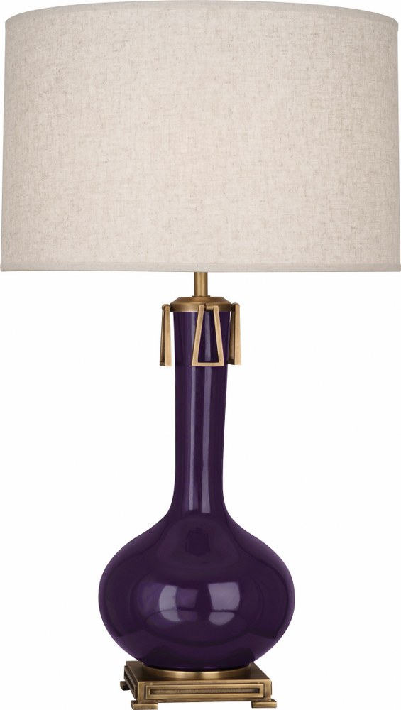 Robert Abbey Lighting-AM992-Athena 1-Light Table Lamp 9 Inches Wide and 31.625 Inches Tall Amethyst  Brown Tea Glazed/Aged Brass Finish with Open Weave Heather Linen Shade