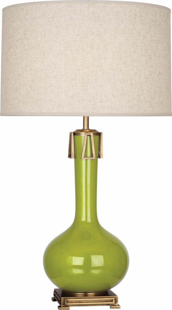 Robert Abbey Lighting-AP992-Athena 1-Light Table Lamp 9 Inches Wide and 31.625 Inches Tall Apple  Brown Tea Glazed/Aged Brass Finish with Open Weave Heather Linen Shade