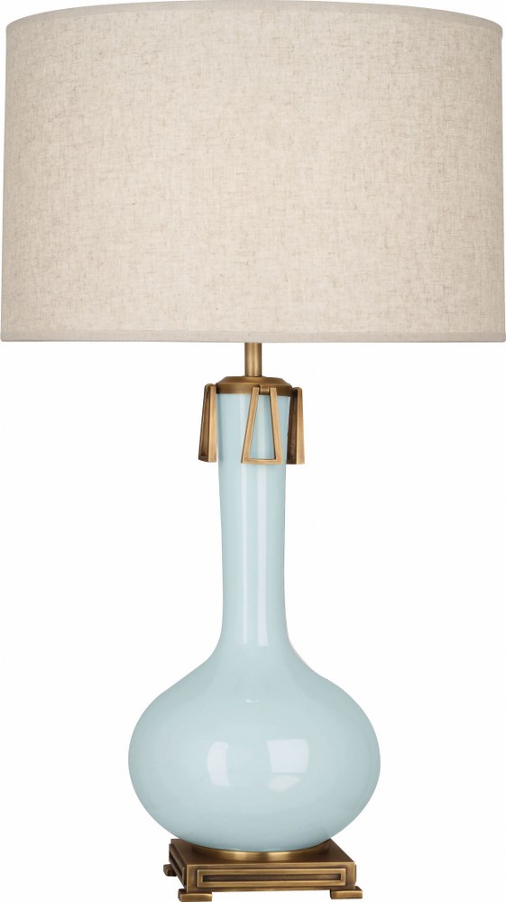 Robert Abbey Lighting-BB992-Athena 1-Light Table Lamp 9 Inches Wide and 31.625 Inches Tall Baby Blue  Brown Tea Glazed/Aged Brass Finish with Open Weave Heather Linen Shade