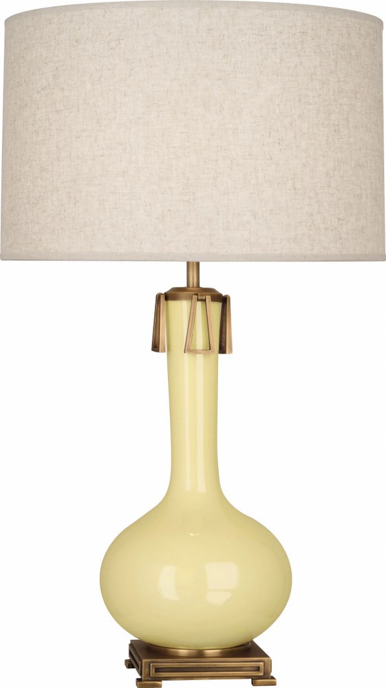 Robert Abbey Lighting-BT992-Athena 1-Light Table Lamp 9 Inches Wide and 31.625 Inches Tall Butter  Brown Tea Glazed/Aged Brass Finish with Open Weave Heather Linen Shade