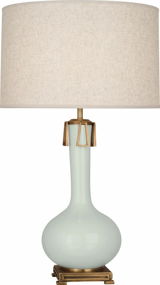 Robert Abbey Lighting-CL992-Athena 1-Light Table Lamp 9 Inches Wide and 31.625 Inches Tall Celadon  Brown Tea Glazed/Aged Brass Finish with Open Weave Heather Linen Shade