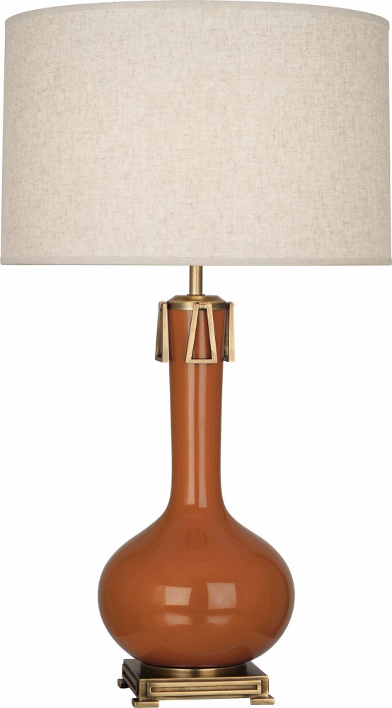 Robert Abbey Lighting-CM992-Athena 1-Light Table Lamp 9 Inches Wide and 31.625 Inches Tall Cinnamon  Brown Tea Glazed/Aged Brass Finish with Open Weave Heather Linen Shade