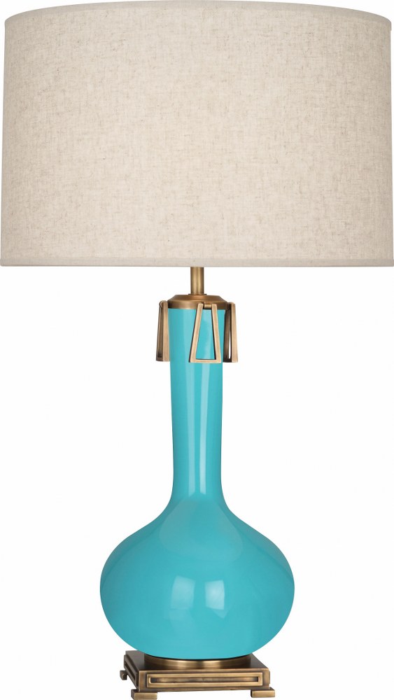 Robert Abbey Lighting-EB992-Athena 1-Light Table Lamp 9 Inches Wide and 31.625 Inches Tall Egg Blue  Brown Tea Glazed/Aged Brass Finish with Open Weave Heather Linen Shade