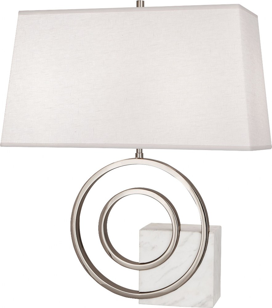 Robert Abbey Lighting-L910-Jonathan Adler Saturn-Two Light Table Lamp-15 Inches Wide   Polished Nickel/White Marble Finish with Oyster Linen Shade