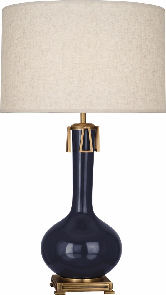 Robert Abbey Lighting-MB992-Athena 1-Light Table Lamp 9 Inches Wide and 31.625 Inches Tall Midnight Blue  Brown Tea Glazed/Aged Brass Finish with Open Weave Heather Linen Shade