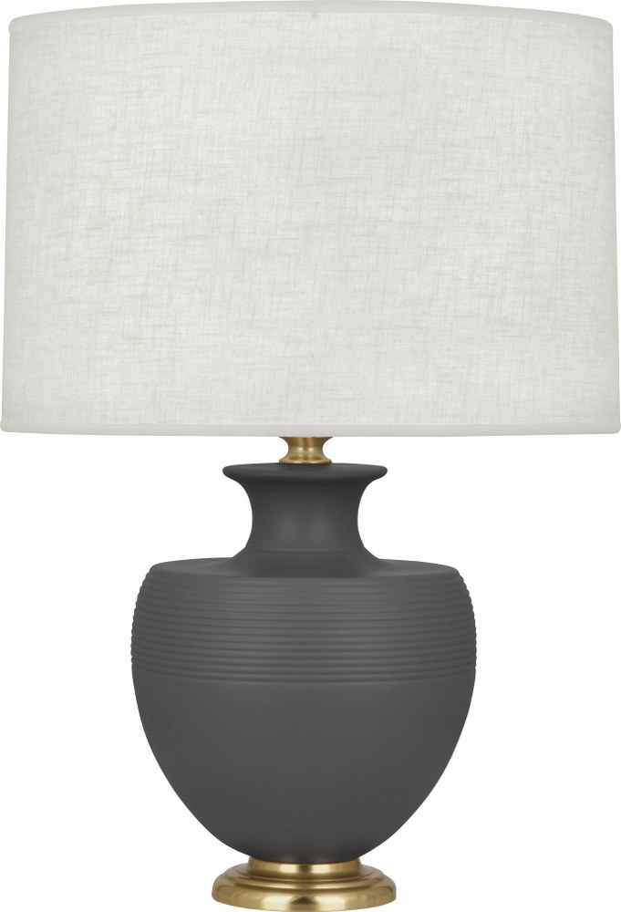 Robert Abbey Lighting-MCR21-Michael Berman Atlas 1-Light Table Lamp 9.875 Inches Wide and 25.25 Inches Tall Matte Ash Modern Brass Matte Woodrose Glazed/Deep Patina Bronze Finish with Oyster Linen Sha