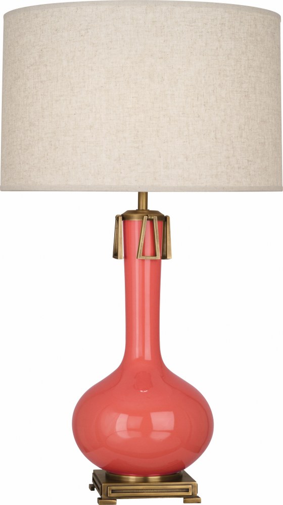 Robert Abbey Lighting-ML992-Athena 1-Light Table Lamp 9 Inches Wide and 31.625 Inches Tall Melon  Brown Tea Glazed/Aged Brass Finish with Open Weave Heather Linen Shade