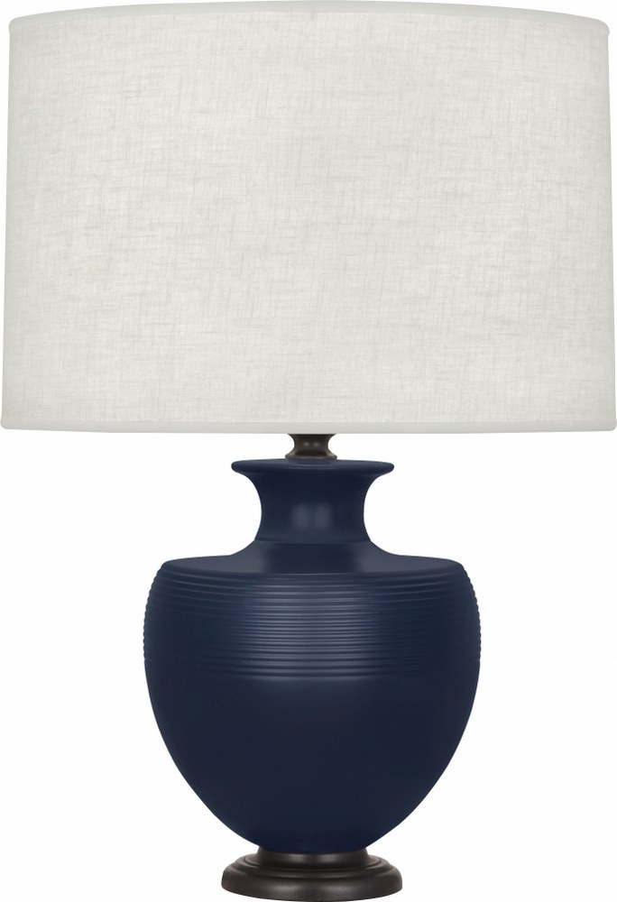 Robert Abbey Lighting-MMB22-Michael Berman Atlas-One Light Table Lamp-9.88 Inches Wide by 25.25 Inches High   Matte Midnight Blue Glazed/Deep Patina Bronze Finish with Oyster Linen Shade