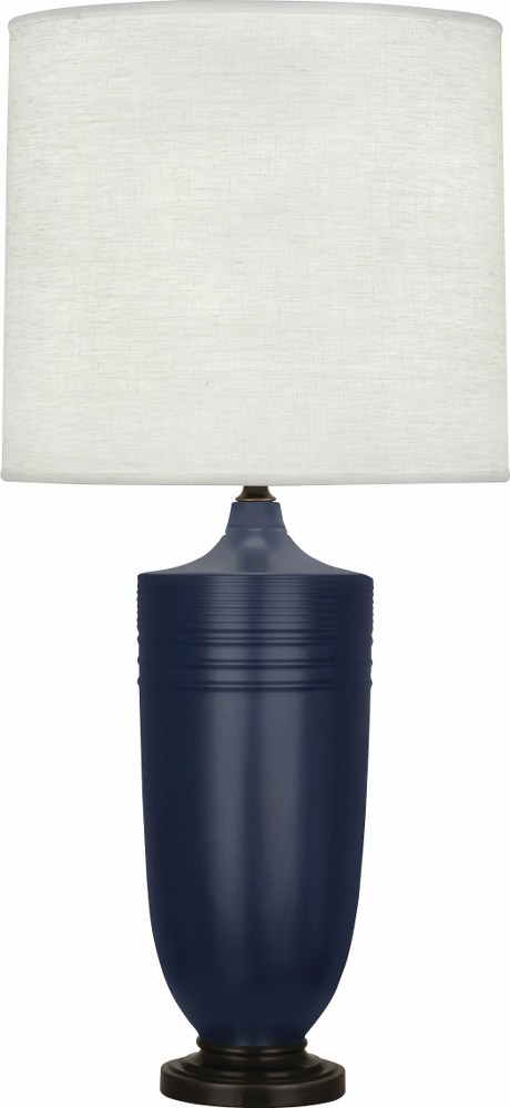 Robert Abbey Lighting-MMB28-Michael Berman Hadrian-One Light Table Lamp-6.13 Inches Wide by 28.75 Inches High   Matte Midnight Blue Glazed/Deep Patina Bronze Finish with Oyster Linen Shade
