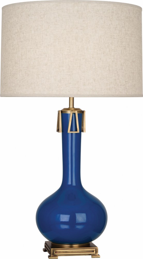 Robert Abbey Lighting-MR992-Athena 1-Light Table Lamp 9 Inches Wide and 31.625 Inches Tall Marine Blue  Brown Tea Glazed/Aged Brass Finish with Open Weave Heather Linen Shade