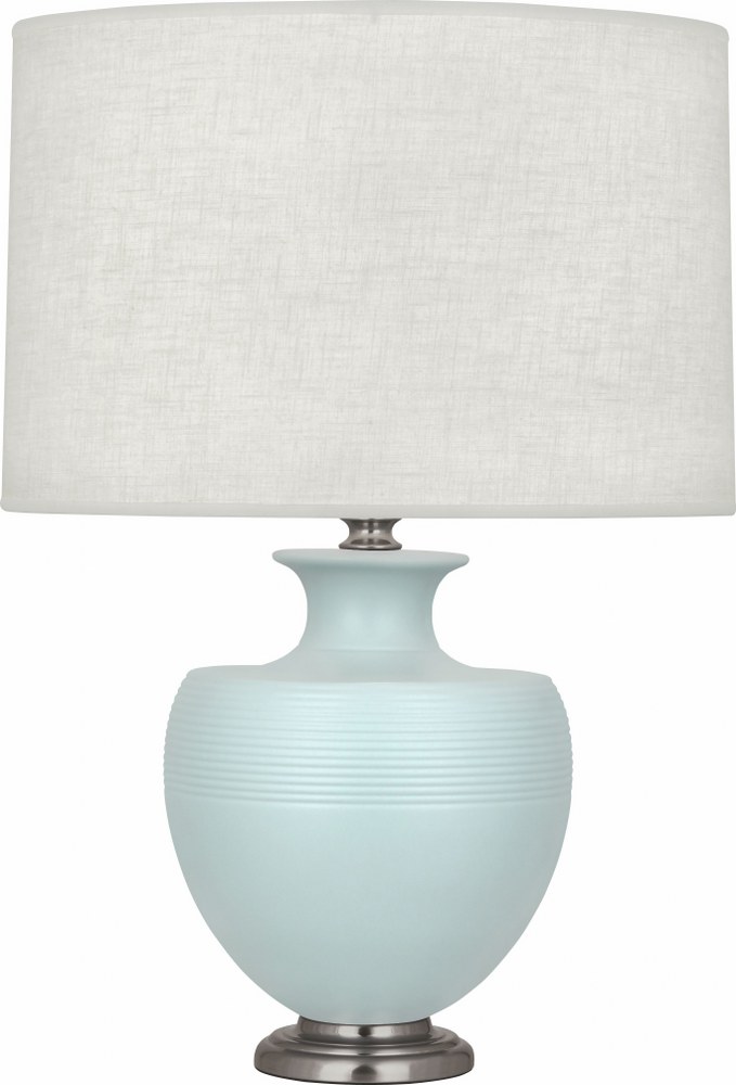 Robert Abbey Lighting-MSB20-Michael Berman Atlas-One Light Table Lamp-9.88 Inches Wide by 25.25 Inches High   Matte Sky Blue Glazed/Dark Antique Nickel Finish with Oyster Linen Shade