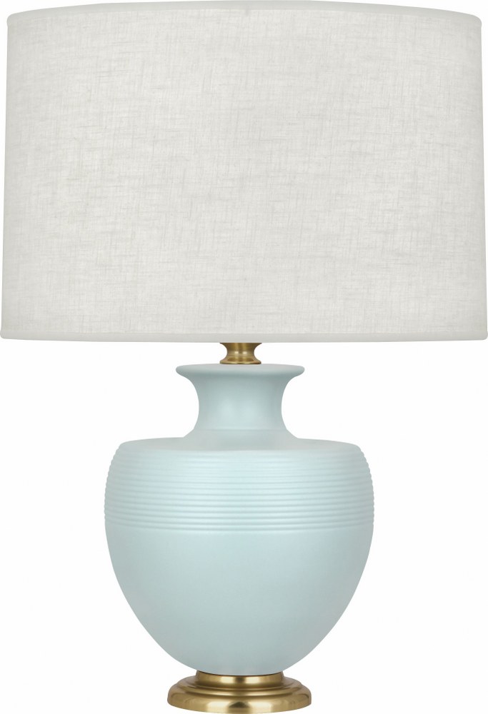 Robert Abbey Lighting-MSB21-Michael Berman Atlas-One Light Table Lamp-9.88 Inches Wide by 25.25 Inches High   Matte Sky Blue Glazed/Modern Brass Finish with Oyster Linen Shade
