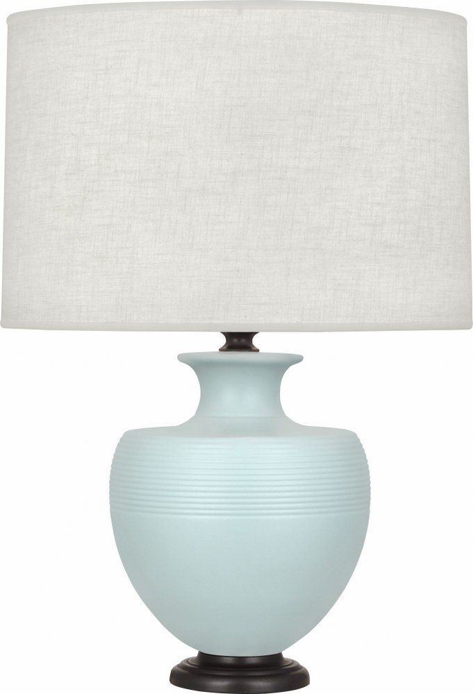 Robert Abbey Lighting-MSB22-Michael Berman Atlas-One Light Table Lamp-9.88 Inches Wide by 25.25 Inches High   Matte Sky Blue Glazed/Deep Patina Bronze Finish with Oyster Linen Shade