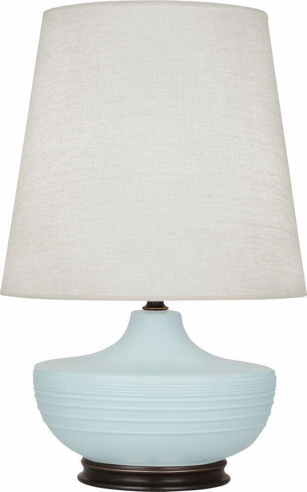 Robert Abbey Lighting-MSB25-Michael Berman Nolan-One Light Table Lamp-14.25 Inches Wide by 27.5 Inches High   Matte Sky Blue Glazed/Deep Patina Bronze Finish with Oyster Linen Shade