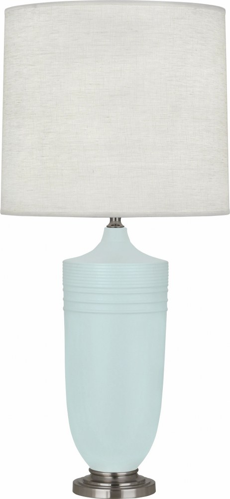 Robert Abbey Lighting-MSB26-Michael Berman Hadrian-One Light Table Lamp-6.13 Inches Wide by 28.75 Inches High   Matte Sky Blue Glazed/Dark Antique Nickel Finish with Oyster Linen Shade