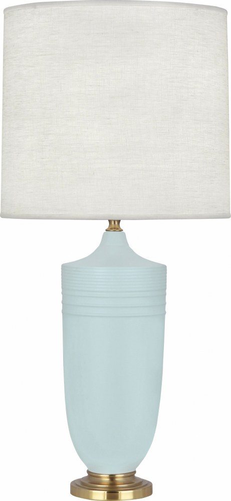 Robert Abbey Lighting-MSB27-Michael Berman Hadrian-One Light Table Lamp-6.13 Inches Wide by 28.75 Inches High   Matte Sky Blue Glazed/Modern Brass Finish with Oyster Linen Shade