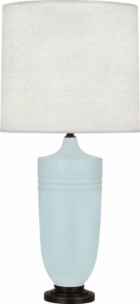 Robert Abbey Lighting-MSB28-Michael Berman Hadrian-One Light Table Lamp-6.13 Inches Wide by 28.75 Inches High   Matte Sky Blue Glazed/Deep Patina Bronze Finish with Oyster Linen Shade