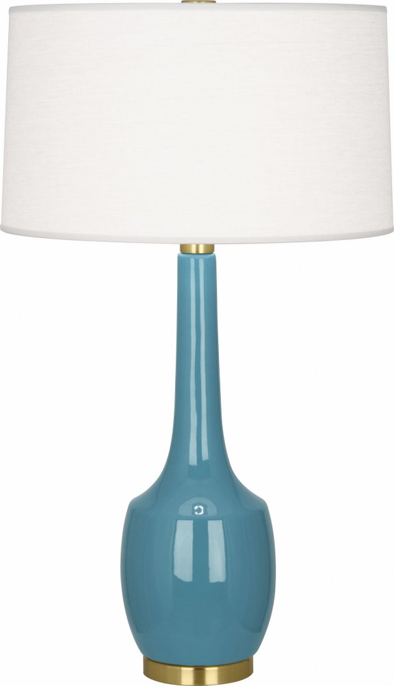 Robert Abbey Lighting-OB701-Delilah 1-Light Table Lamp 8 Inches Wide and 34.3125 Inches Tall Steel Blue  Brown Tea Glazed/Antique Brass Finish with Oyster Linen Shade