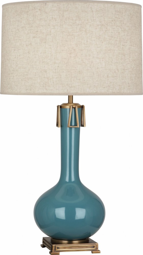 Robert Abbey Lighting-OB992-Athena 1-Light Table Lamp 9 Inches Wide and 31.625 Inches Tall Ocean Blue  Brown Tea Glazed/Aged Brass Finish with Open Weave Heather Linen Shade