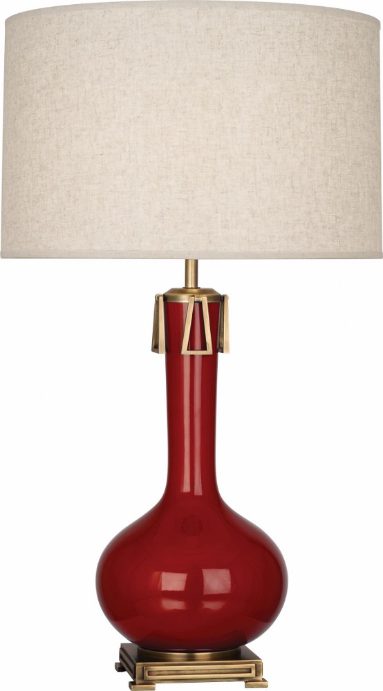 Robert Abbey Lighting-OX992-Athena 1-Light Table Lamp 9 Inches Wide and 31.625 Inches Tall Oxblood  Brown Tea Glazed/Aged Brass Finish with Open Weave Heather Linen Shade