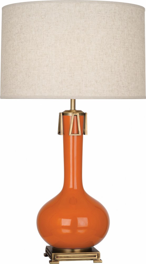 Robert Abbey Lighting-PM992-Athena 1-Light Table Lamp 9 Inches Wide and 31.625 Inches Tall Pumpkin  Brown Tea Glazed/Aged Brass Finish with Open Weave Heather Linen Shade