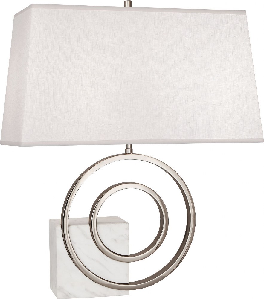 Robert Abbey Lighting-R910-Jonathan Adler Saturn-Two Light Table Lamp-15 Inches Wide   Polished Nickel/White Marble Finish with Oyster Linen Shade
