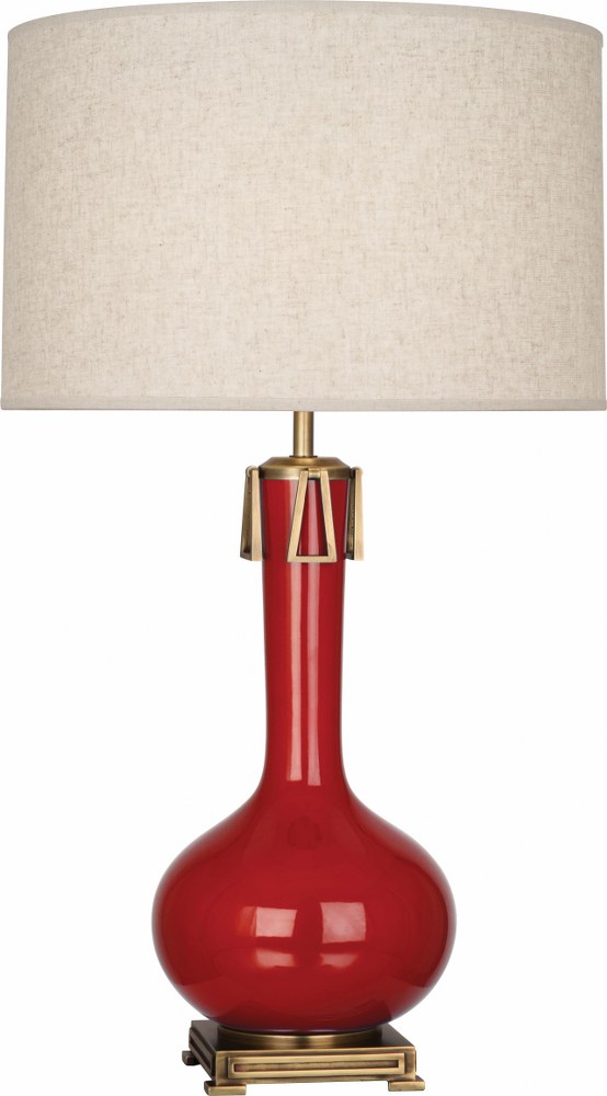 Robert Abbey Lighting-RR992-Athena 1-Light Table Lamp 9 Inches Wide and 31.625 Inches Tall Ruby Red  Brown Tea Glazed/Aged Brass Finish with Open Weave Heather Linen Shade