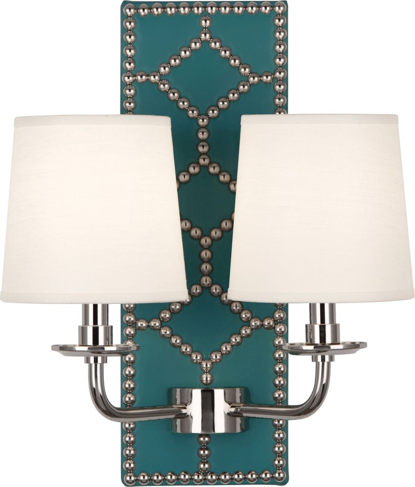 Robert Abbey Lighting-S1033-Williamsburg Lightfoot 2-Light Wall Sconce 13.5 Inches Wide and 16.5 Inches Tall Mayo Teal Leather Polished Nickel English Ochre Leather