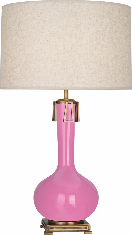 Robert Abbey Lighting-SP992-Athena 1-Light Table Lamp 9 Inches Wide and 31.625 Inches Tall Schiaparelli Pink  Brown Tea Glazed/Aged Brass Finish with Open Weave Heather Linen Shade